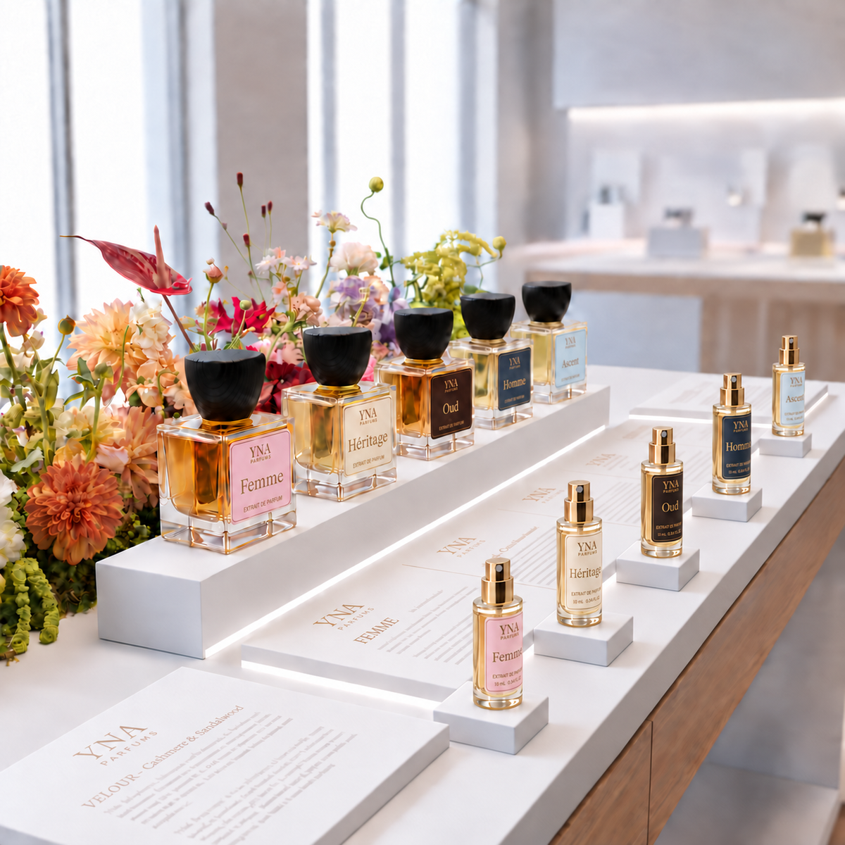 YNA Parfums Femme, Apollo and Oud extrait de parfum bottles beside their tube boxes, handcrafted in Canada
