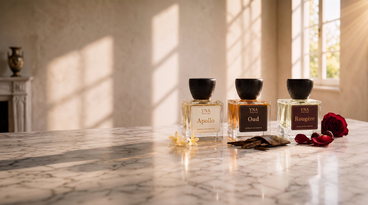 YNA Parfums Apollo, Oud and Rougère extrait de parfum on marble, crafted in Canada