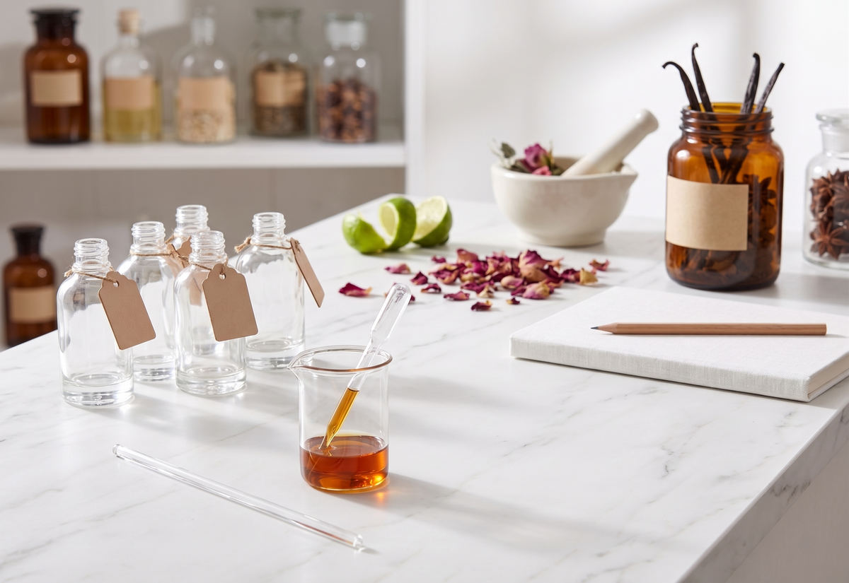 YNA Parfums hand-blending in the lab, filtering and pouring extrait de parfum, 25 percent pure perfume oil, made to last all day