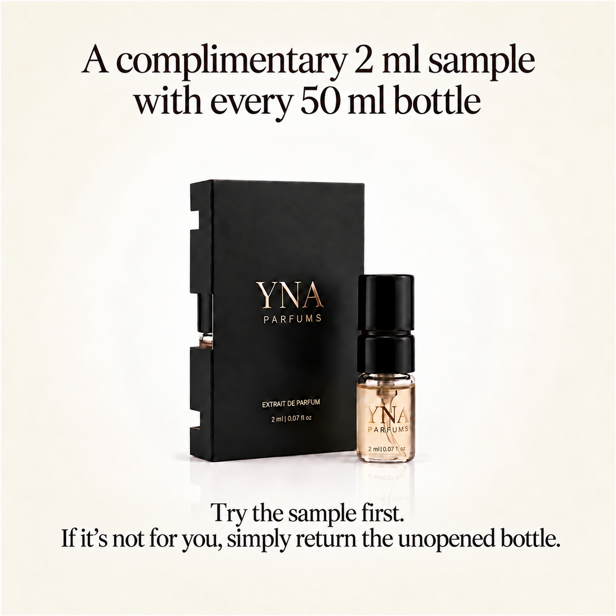 YNA Parfums complimentary 2ml sample with black box, try the sample first