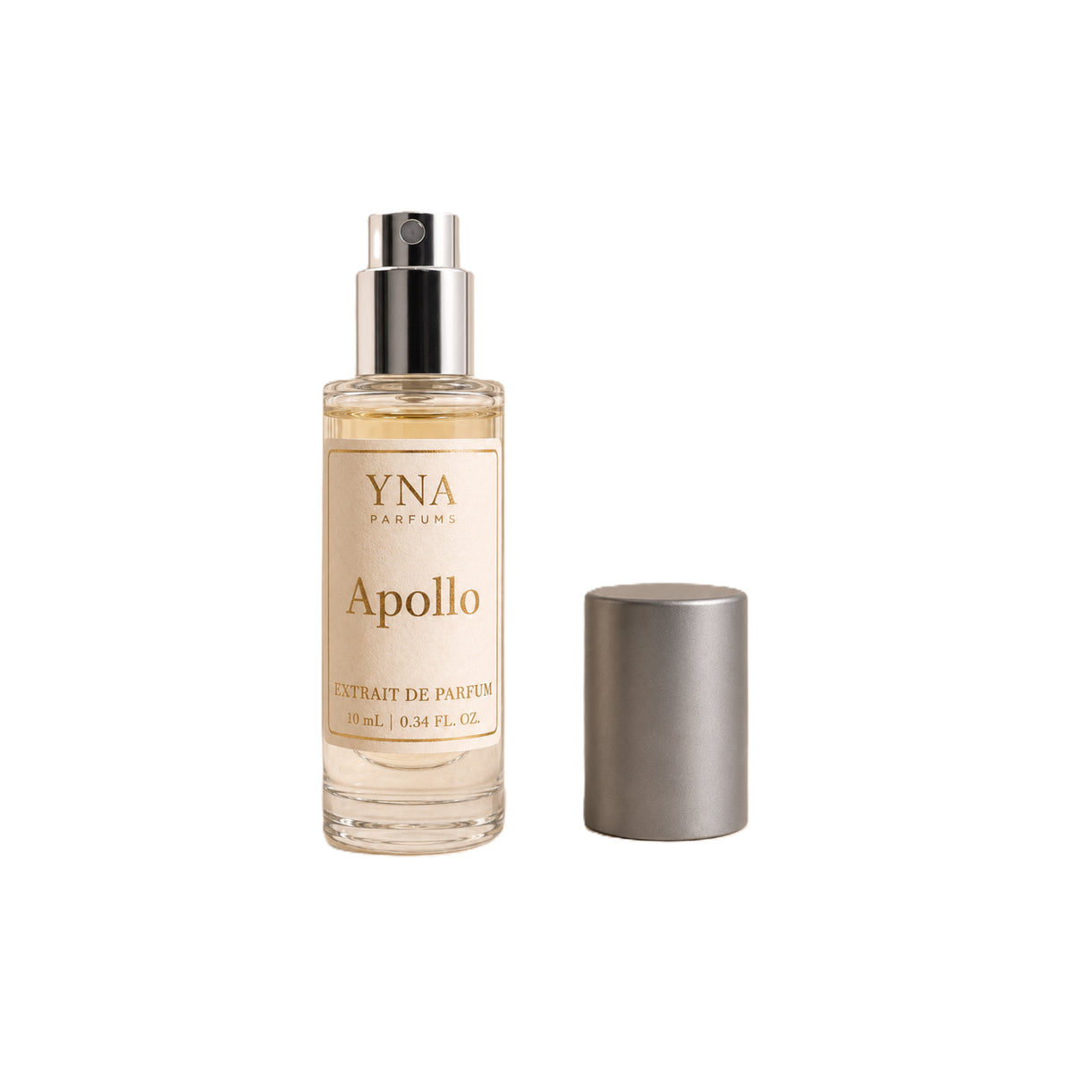 YNA Parfums Apollo Extrait de Parfum 10ml with cap beside it, label showing 10 mL