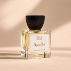 YNA Parfums Apollo Extrait de Parfum 50ml with dark wood cap on beige background