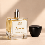YNA Parfums Apollo Extrait de Parfum 50ml with dark wood cap removed and placed beside the bottle
