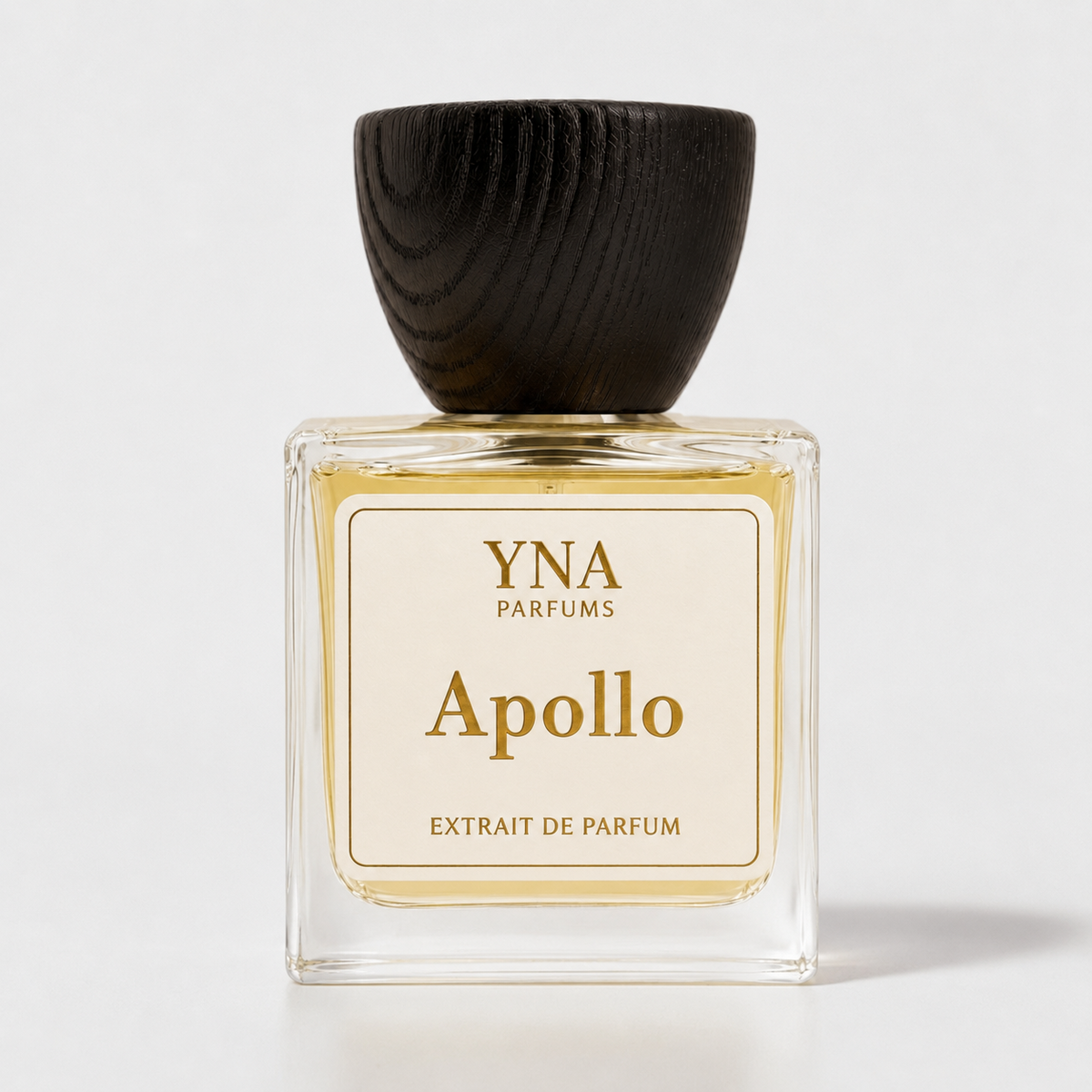 YNA Parfums Apollo Extrait de Parfum 50ml with dark wood cap on, on white background