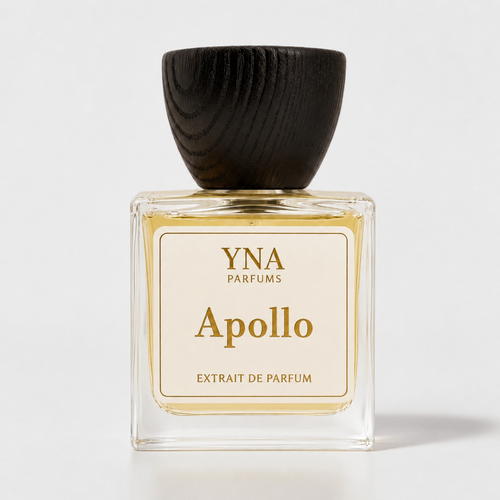 YNA Parfums Apollo Extrait de Parfum 50ml with dark wood cap on, on white background
