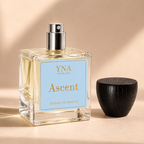 YNA Parfums Ascent Extrait de Parfum 50ml with dark wood cap removed and placed beside the bottle