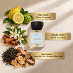 YNA Parfums Ascent Extrait de Parfum 50ml fragrance notes: top notes citron and bergamot, middle notes neroli and cinnamon, base notes Chinese black tea, olibanum and guaiac wood