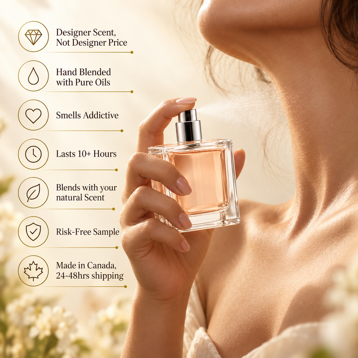 Woman spraying YNA Parfums perfume on neck with benefits list: designer scent, hand blended, smells addictive, lasts 10+ hours, blends with natural scent, risk-free sample, made in Canada