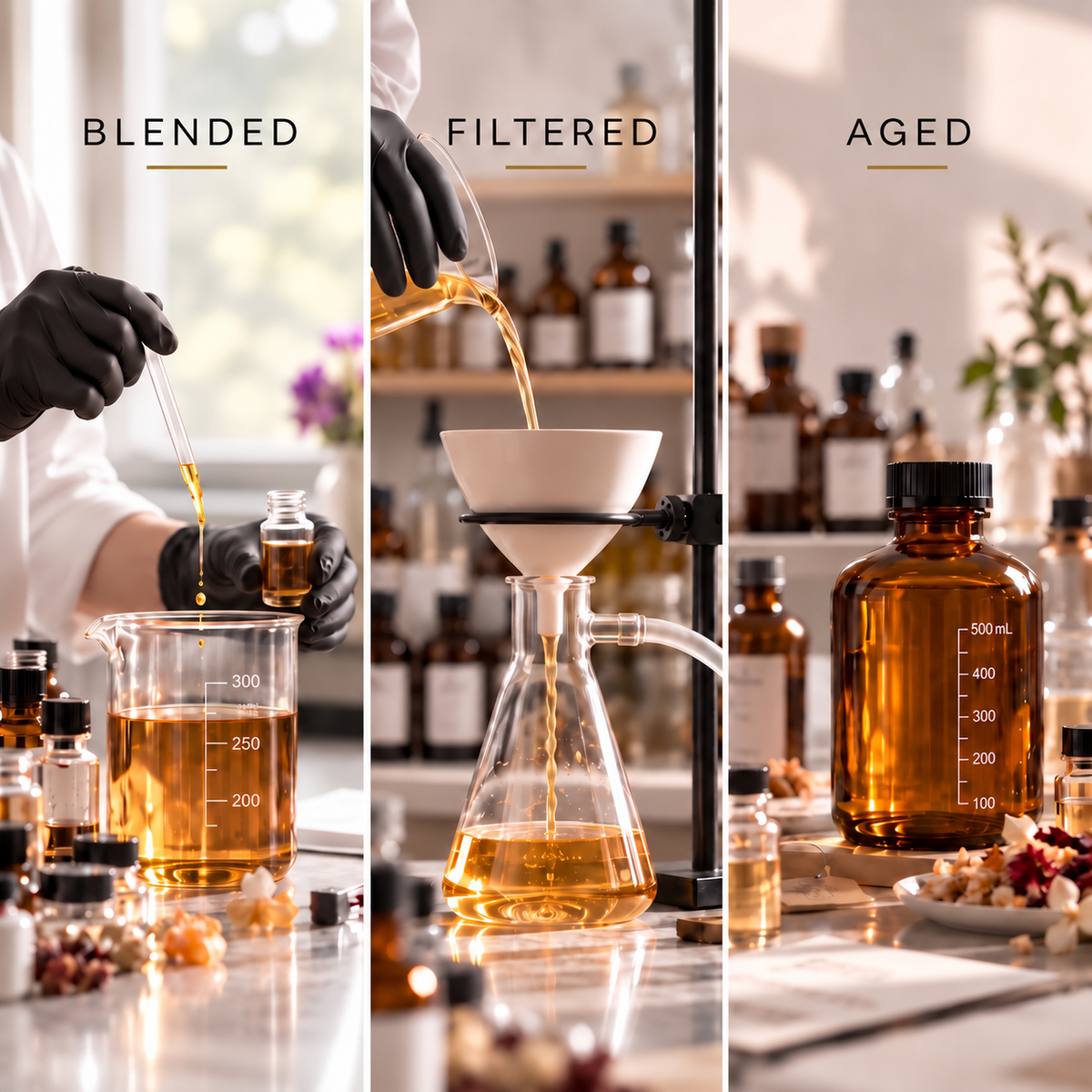 YNA Parfums perfume-making process in three panels: blended by hand with a pipette, filtered through a lab funnel, and aged in an amber bottle