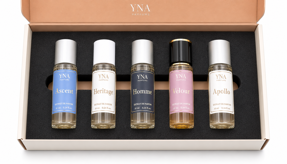 five 10ml YNA Parfums extrait de parfum bottles