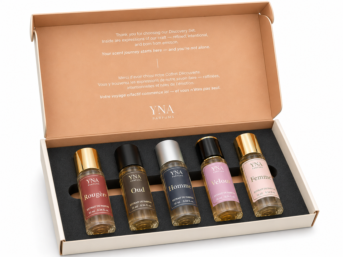 five 10ml YNA Parfums extrait de parfum bottles