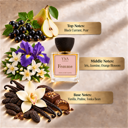 YNA Parfums Femme Extrait de Parfum 50ml fragrance notes: top notes black currant and pear, middle notes iris, jasmine and orange blossom, base notes vanilla, praline and tonka bean