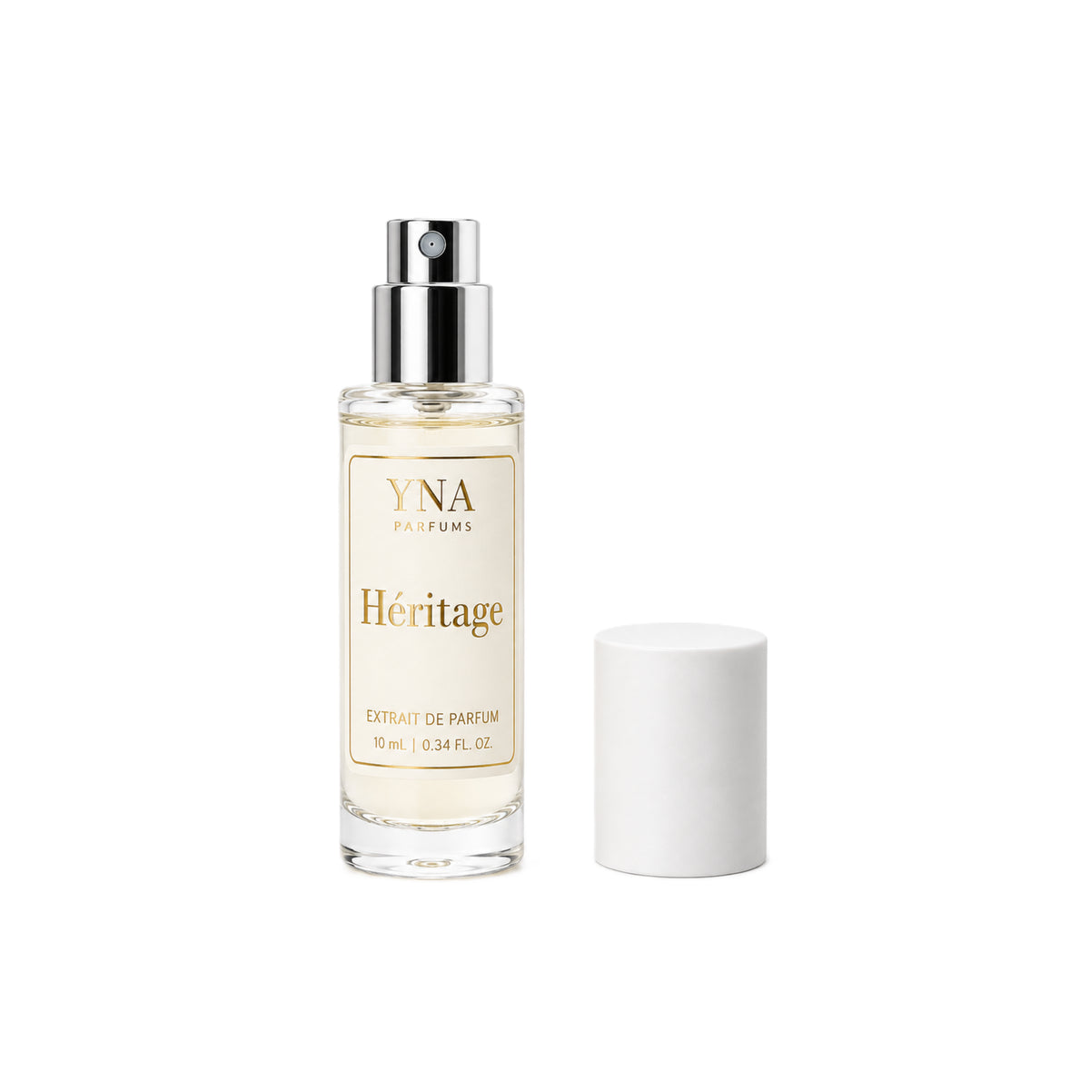 YNA Parfums Héritage Extrait de Parfum 10ml with white cap beside it