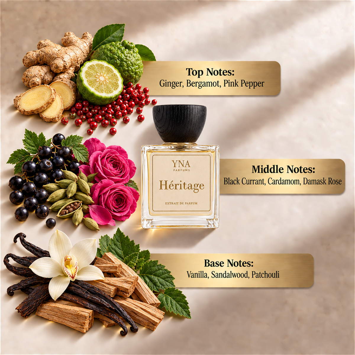 YNA Parfums Héritage Extrait de Parfum 50ml fragrance notes: top notes ginger, bergamot and pink pepper, middle notes black currant, cardamom and Damask rose, base notes vanilla, sandalwood and patchouli