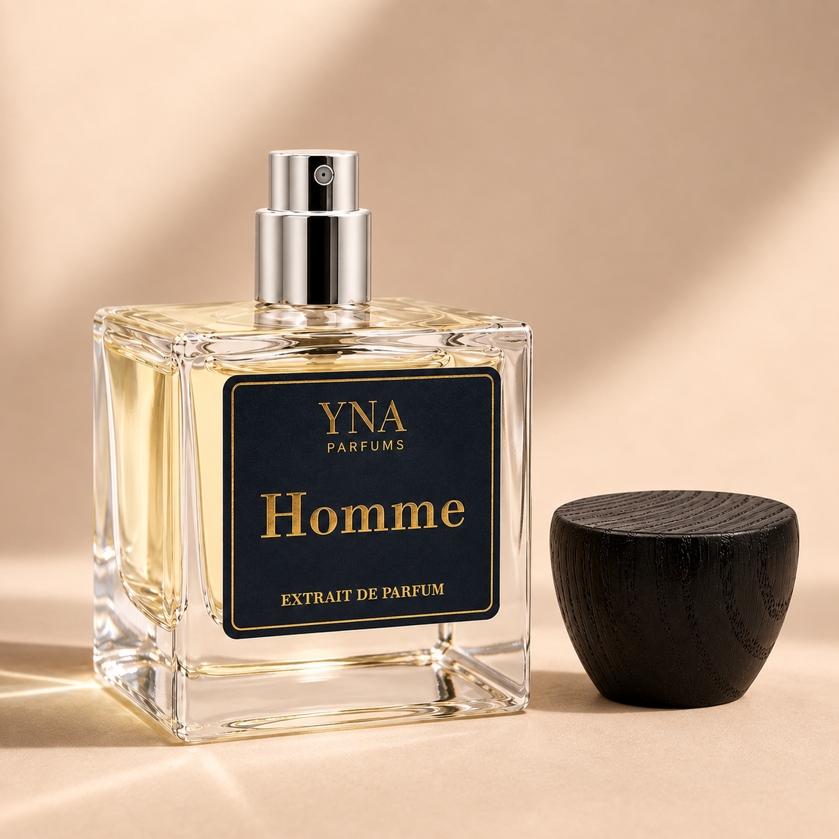 YNA Parfums Homme Extrait de Parfum 50ml with dark wood cap removed and placed beside the bottle