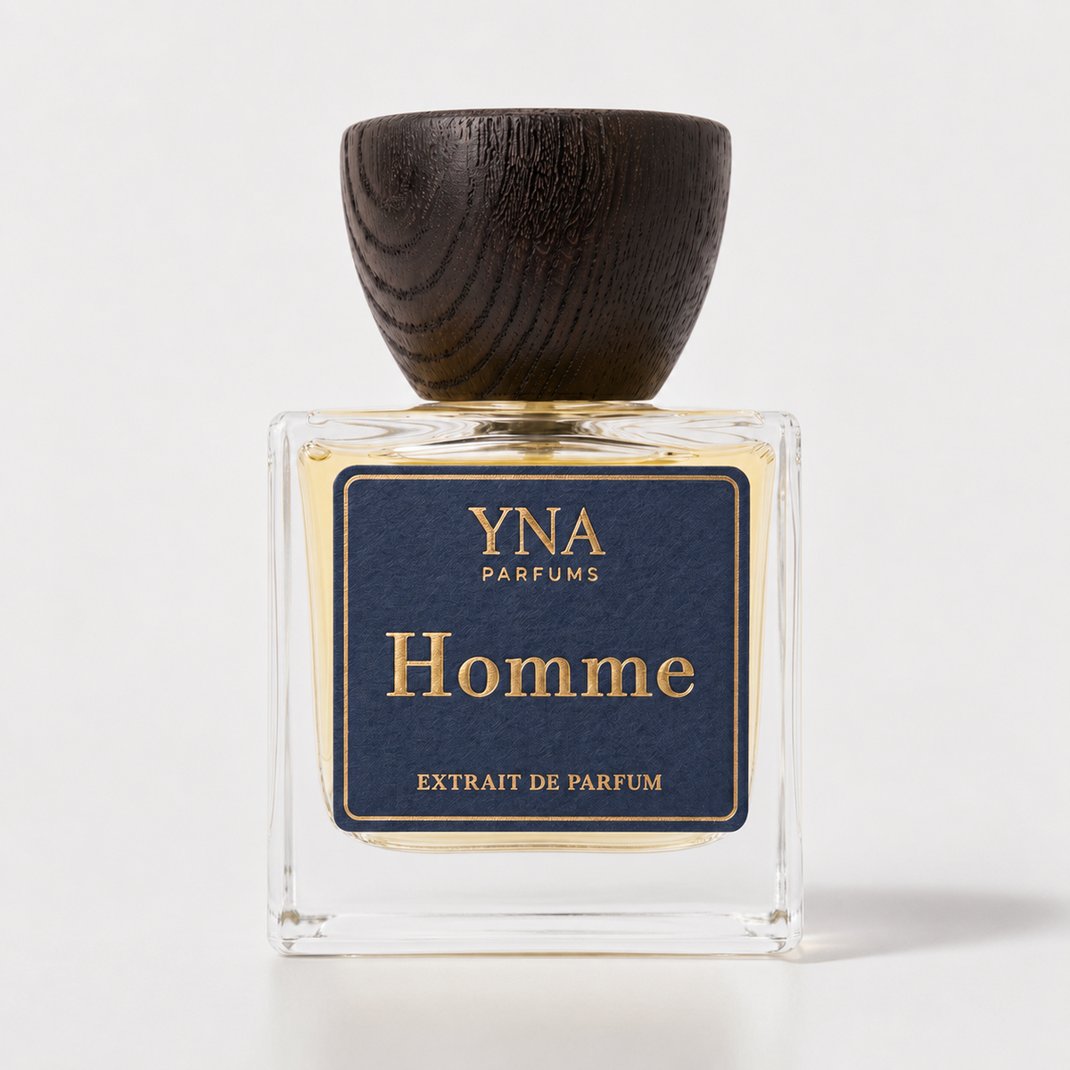 YNA Parfums Homme Extrait de Parfum 50ml with dark wood cap on white background