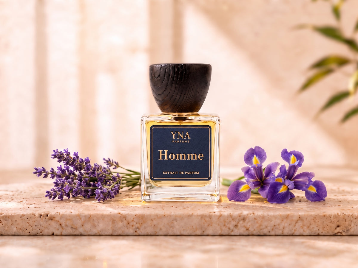 YNA Parfums Homme Extrait de Parfum 50ml with lavender sprigs and purple iris flowers