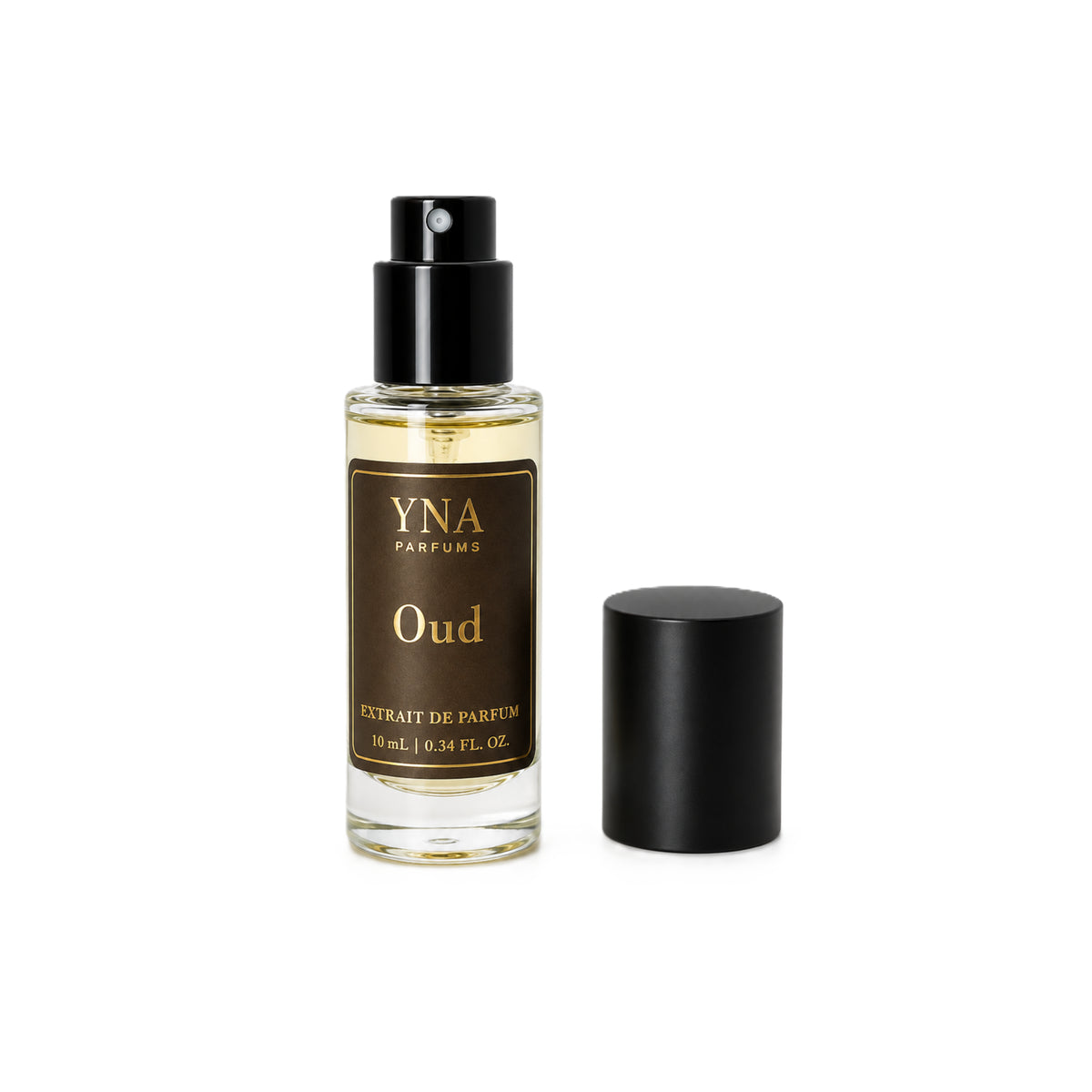 YNA Parfums Oud Extrait de Parfum 10ml with cap beside it