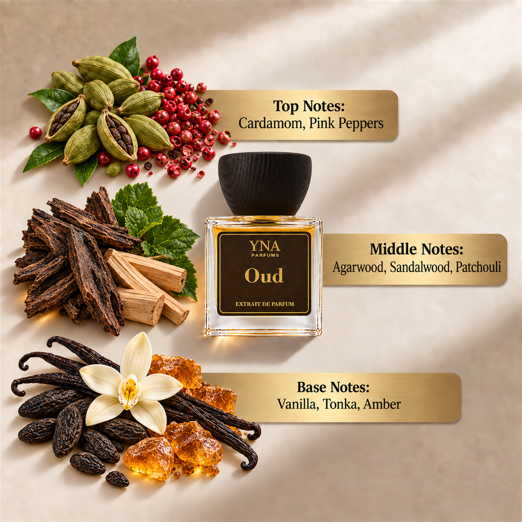 YNA Parfums Oud Extrait de Parfum 50ml fragrance notes: top notes cardamom and pink peppers, middle notes agarwood, sandalwood and patchouli, base notes vanilla, tonka and amber