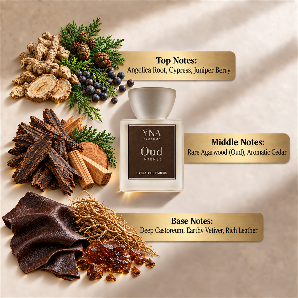 YNA Parfums Oud Intense Extrait de Parfum from The Vault Collection, fragrance notes: top notes angelica root, cypress and juniper berry, middle notes rare agarwood (oud) and aromatic cedar, base notes deep castoreum, earthy vetiver and rich leather