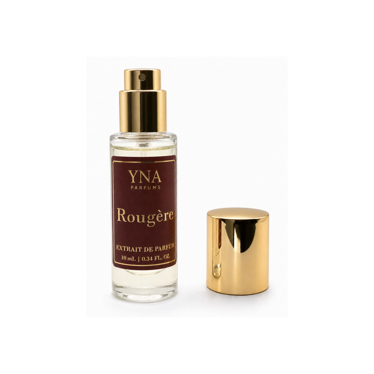 YNA Parfums Rougère Extrait de Parfum 10ml with gold cap removed beside it on white background