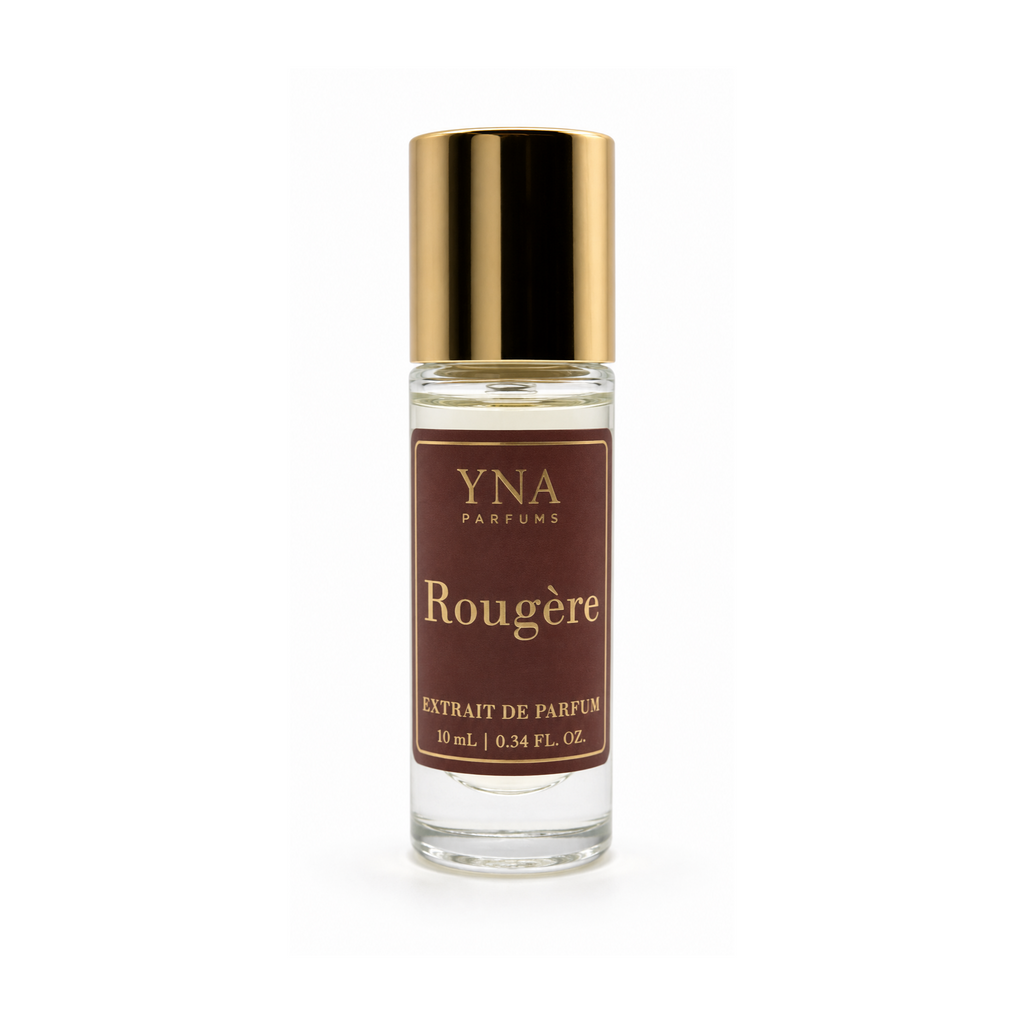 YNA Parfums Rougère Extrait de Parfum 10ml with gold cap on white background