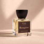 YNA Parfums Rougère Extrait de Parfum 50ml with dark wood cap on beige background