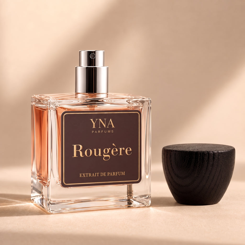 YNA Parfums Rougère Extrait de Parfum 50ml with dark wood cap removed and placed beside the bottle