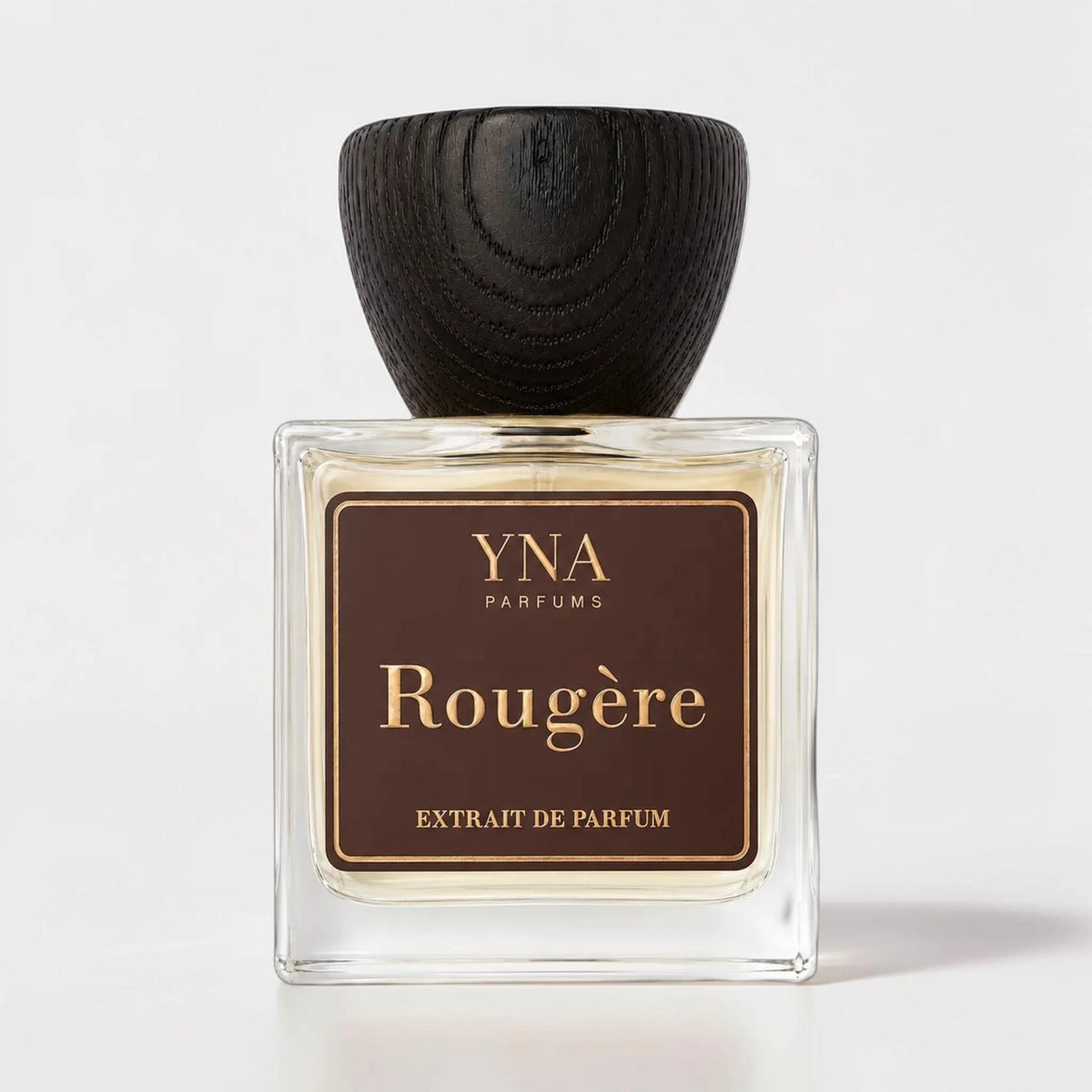 YNA Parfums Rougère Extrait de Parfum 50ml with dark wood cap on, on white background