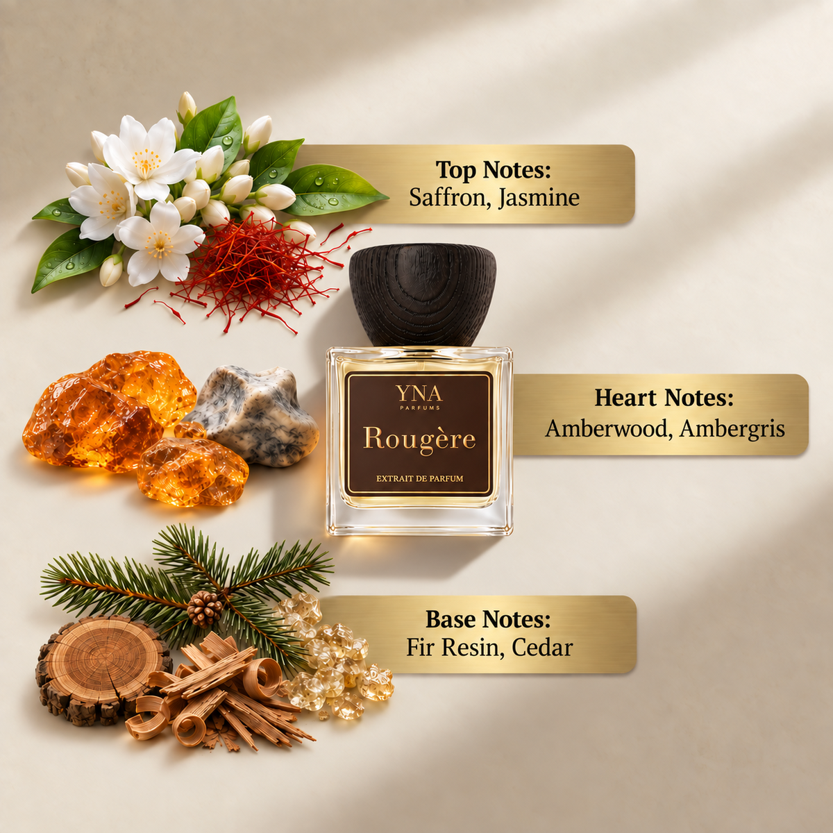 YNA Parfums Rougère Extrait de Parfum 50ml fragrance notes graphic with top, heart and base notes