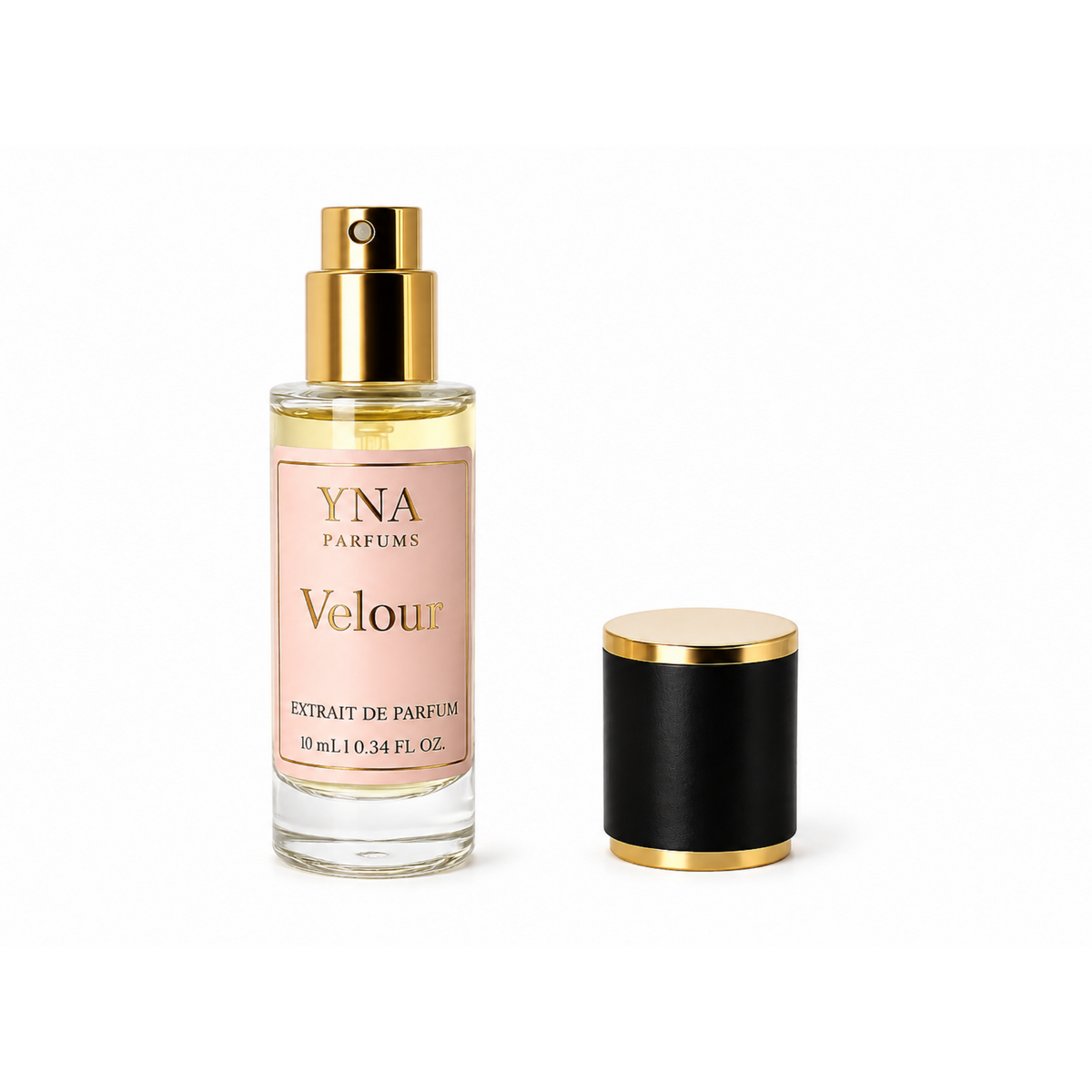 YNA Parfums Velour Extrait de Parfum 10ml with black and gold cap removed and placed beside the bottle