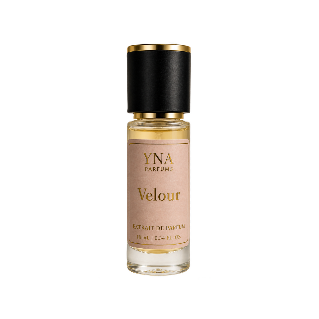 YNA Parfums Velour Extrait de Parfum 10ml with black and gold cap on, on white background