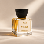 YNA Parfums Velour Extrait de Parfum 50ml with dark wood cap on beige background