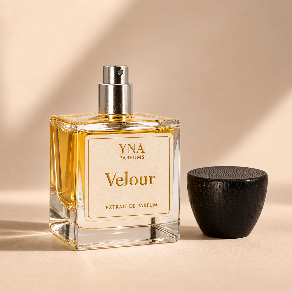 YNA Parfums Velour Extrait de Parfum 50ml with dark wood cap removed and placed beside the bottle