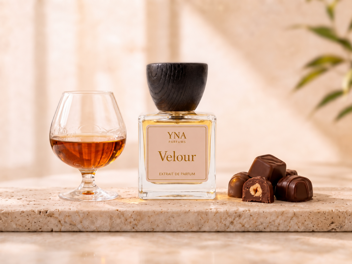 YNA Parfums Velour Extrait de Parfum 50ml with cognac glass and chocolate pralines