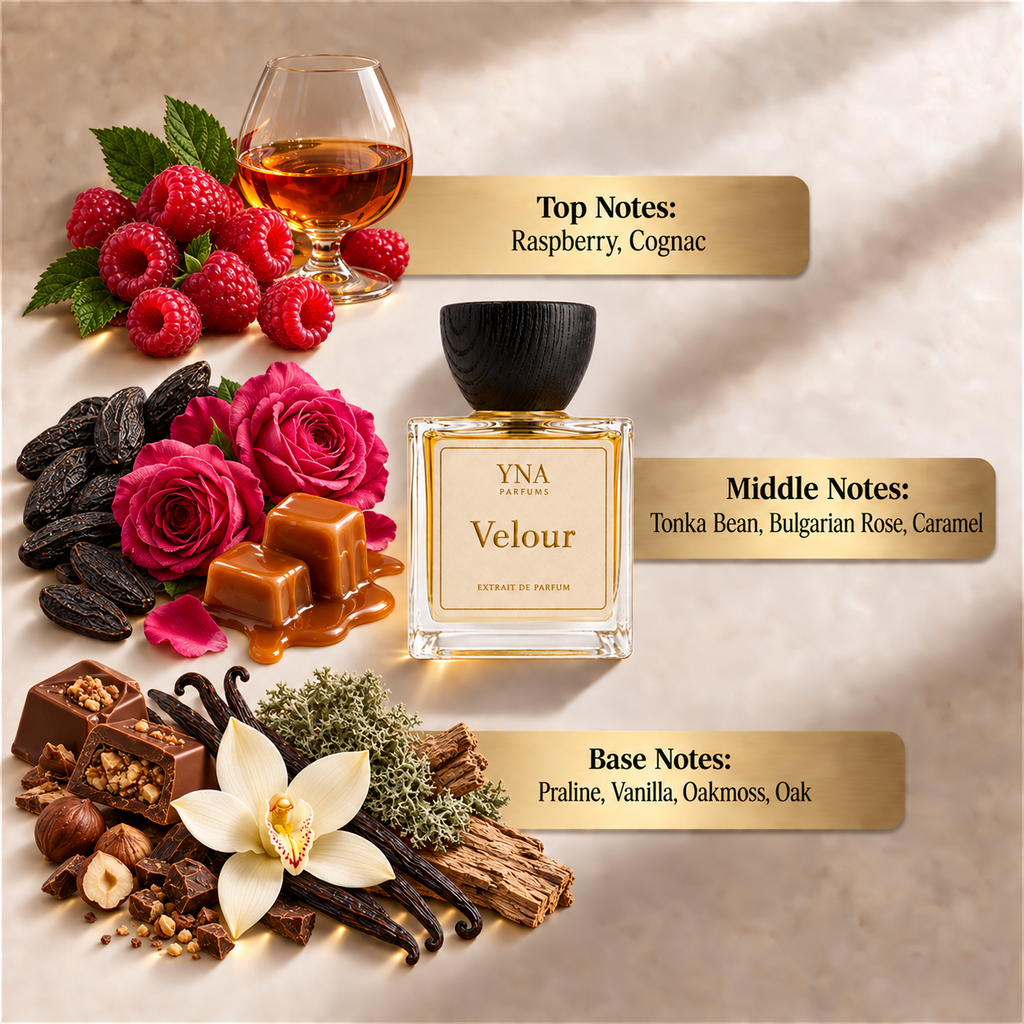 YNA Parfums Velour Extrait de Parfum 50ml fragrance notes: top notes raspberry and cognac, middle notes tonka bean, Bulgarian rose and caramel, base notes praline, vanilla, oakmoss and oak