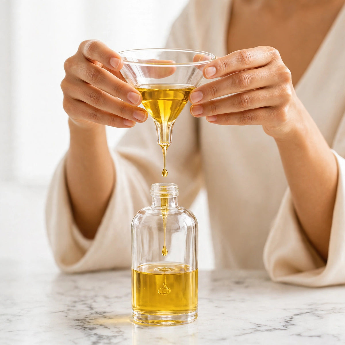 Hands filtering golden YNA Parfums perfume oil through a glass funnel into a bottle