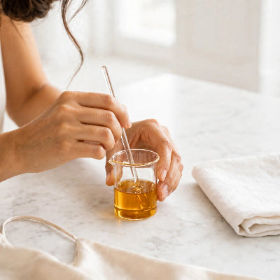 Hands stirring golden perfume oil in a glass beaker — YNA Parfums extrait de parfum hand-blended in Canada